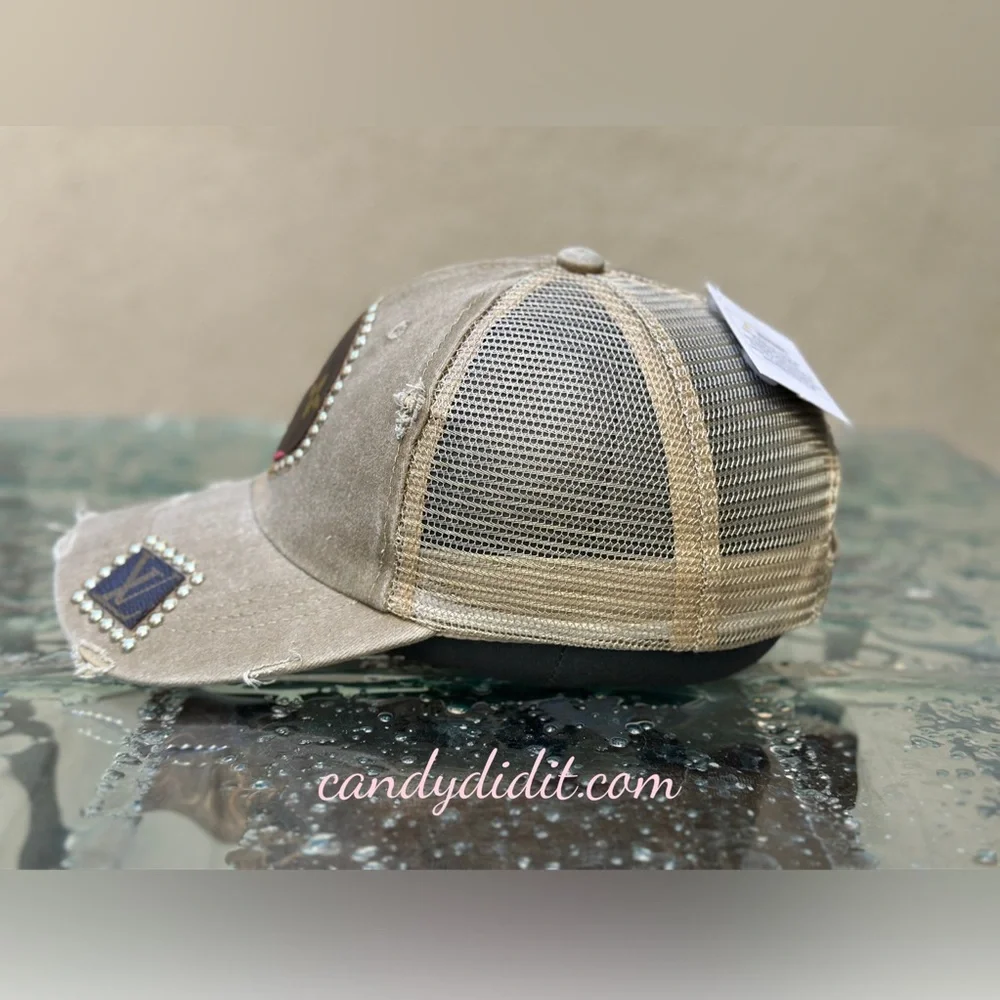 Unique Handmade Cherry Blossom Distressed Studded LV Tan Ball Cap - Picture 8 of 11